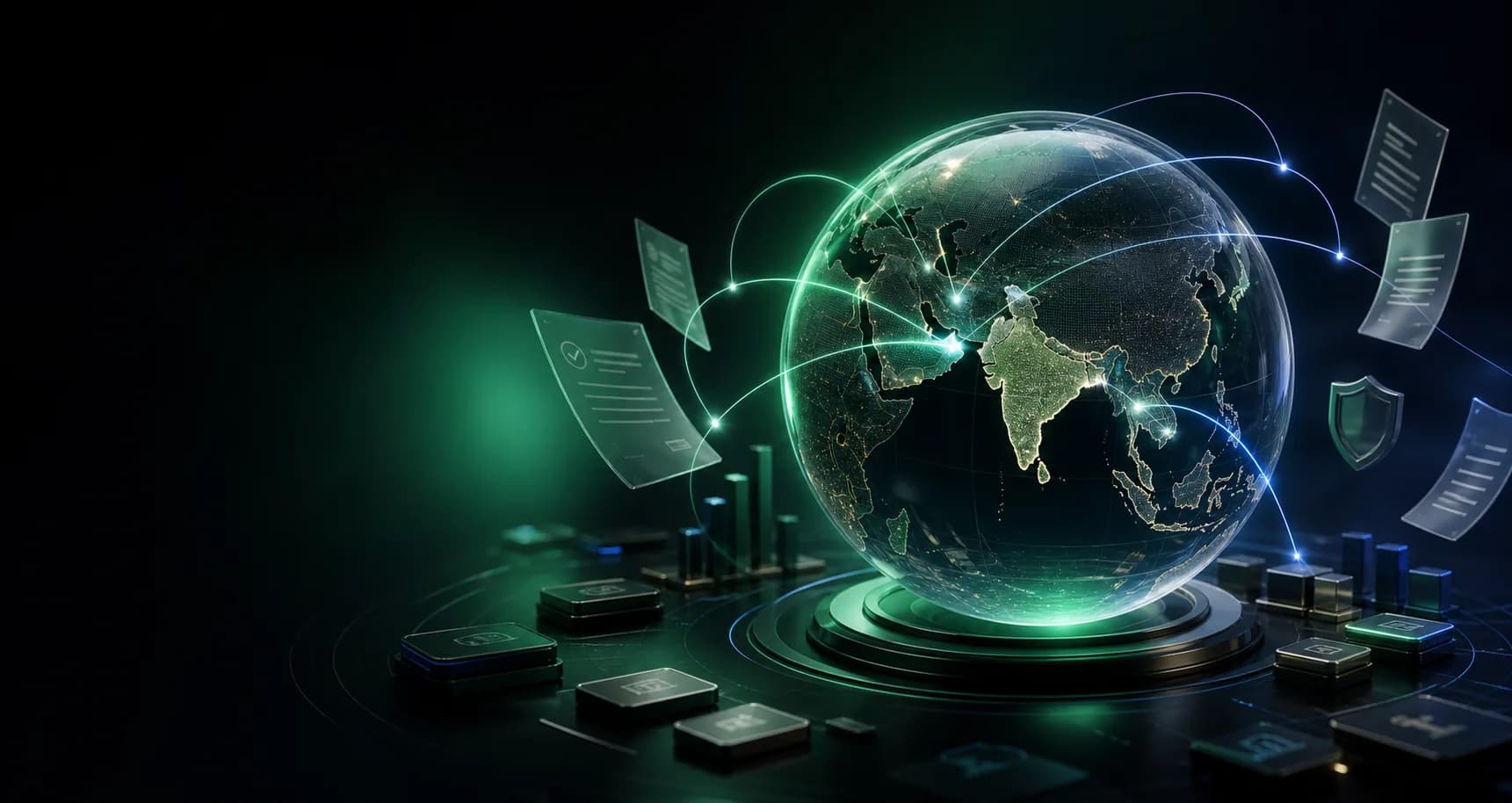 Glass globe centered on India with global compliance data connections