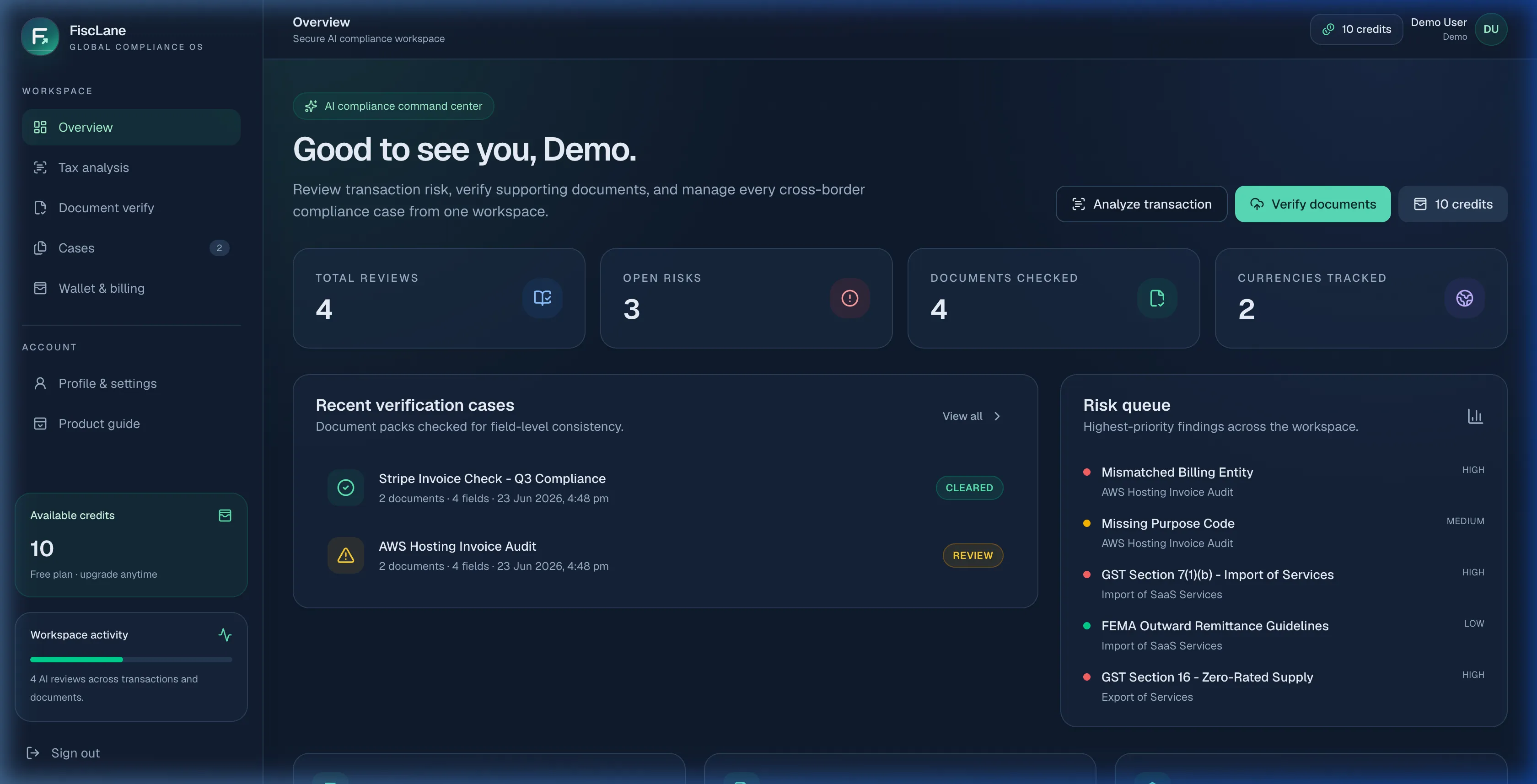 FiscLane dashboard showing transaction checks, document comparisons, and items that need attention